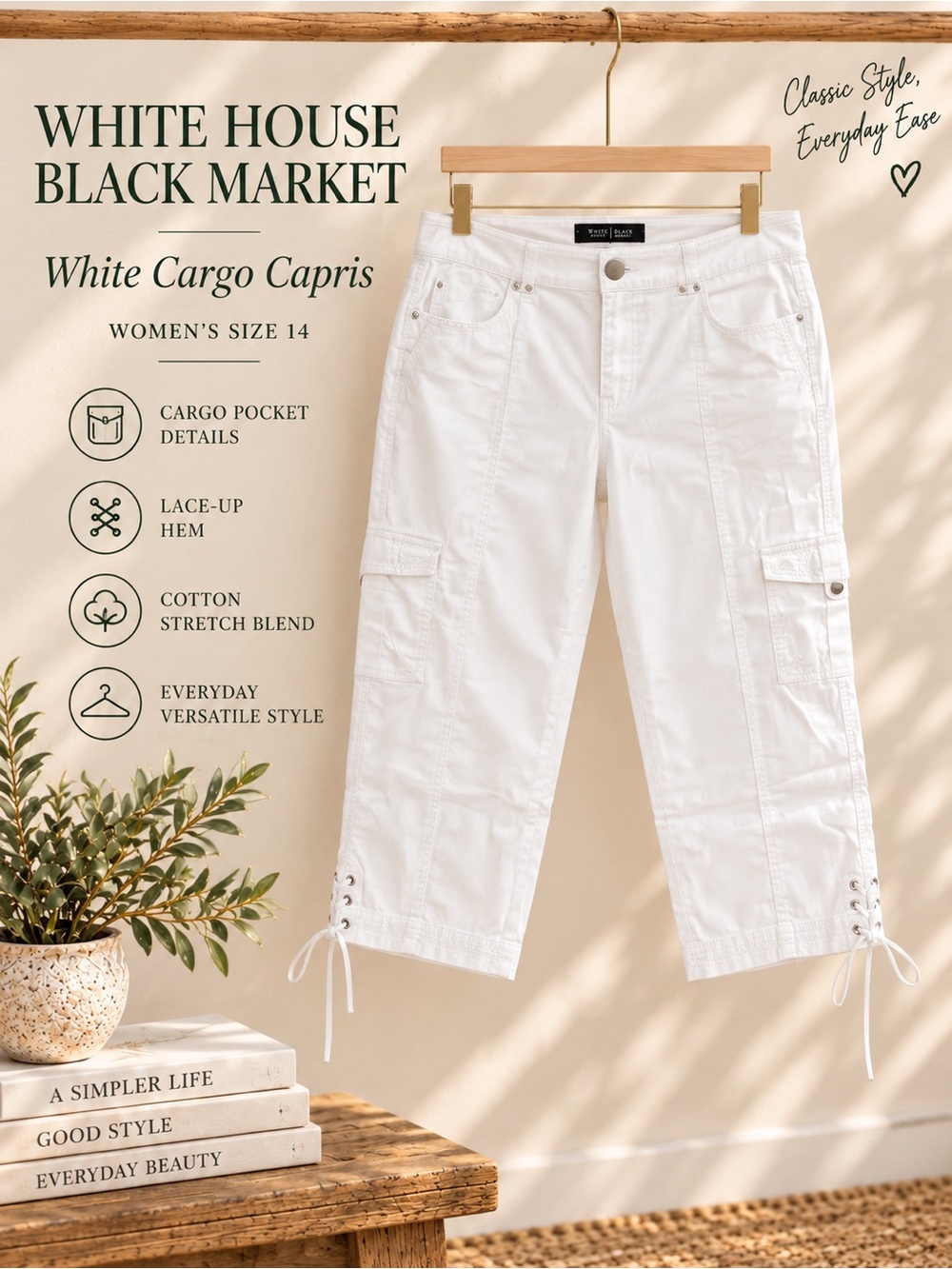 White House Black Market White Cargo Lace-Up Hem Capri Pants